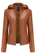 Women Hooded Neck Easy Slim Fit Long Sleeve Classy Solid Colored Leather Jacket