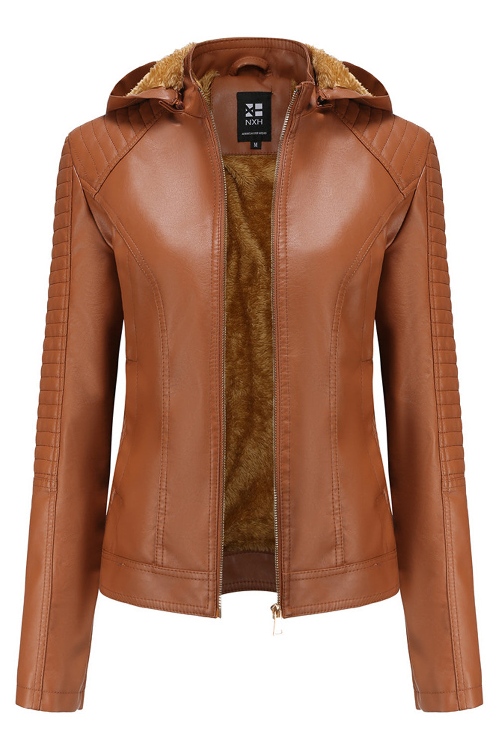Women Hooded Neck Easy Slim Fit Long Sleeve Classy Solid Colored Leather Jacket