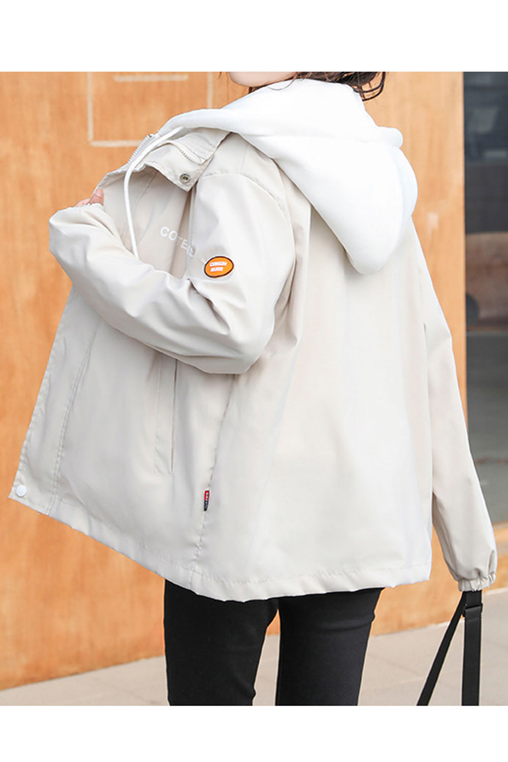 Women Contrast Color Hooded Neck Zipper Closure Casual Jacket