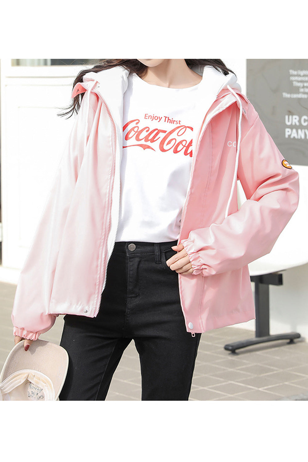 Women Contrast Color Hooded Neck Zipper Closure Casual Jacket