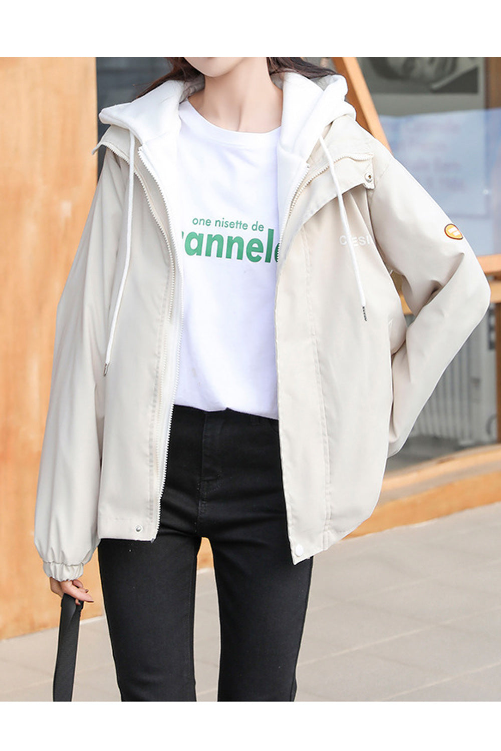 Women Contrast Color Hooded Neck Zipper Closure Casual Jacket
