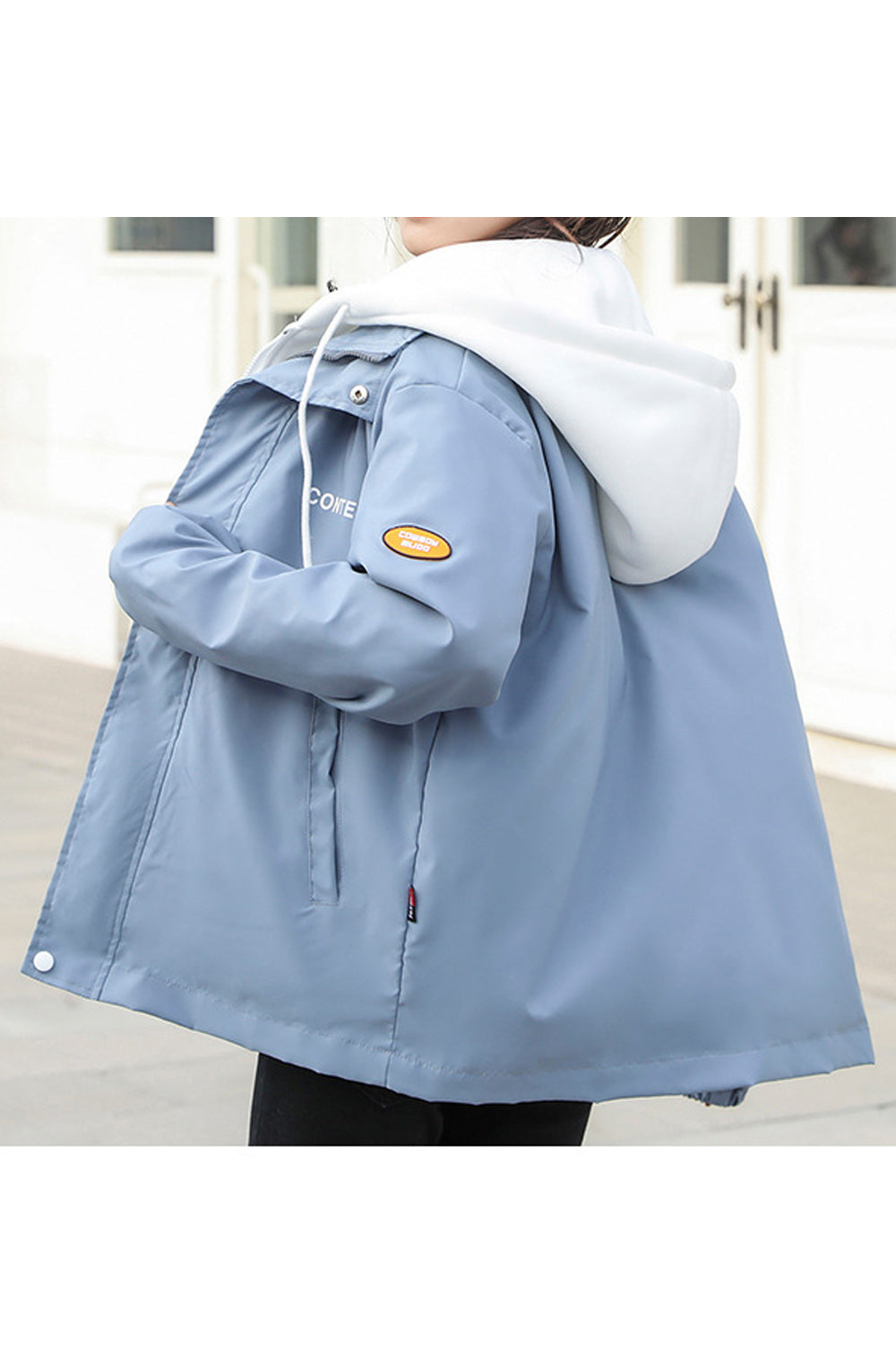 Women Contrast Color Hooded Neck Zipper Closure Casual Jacket