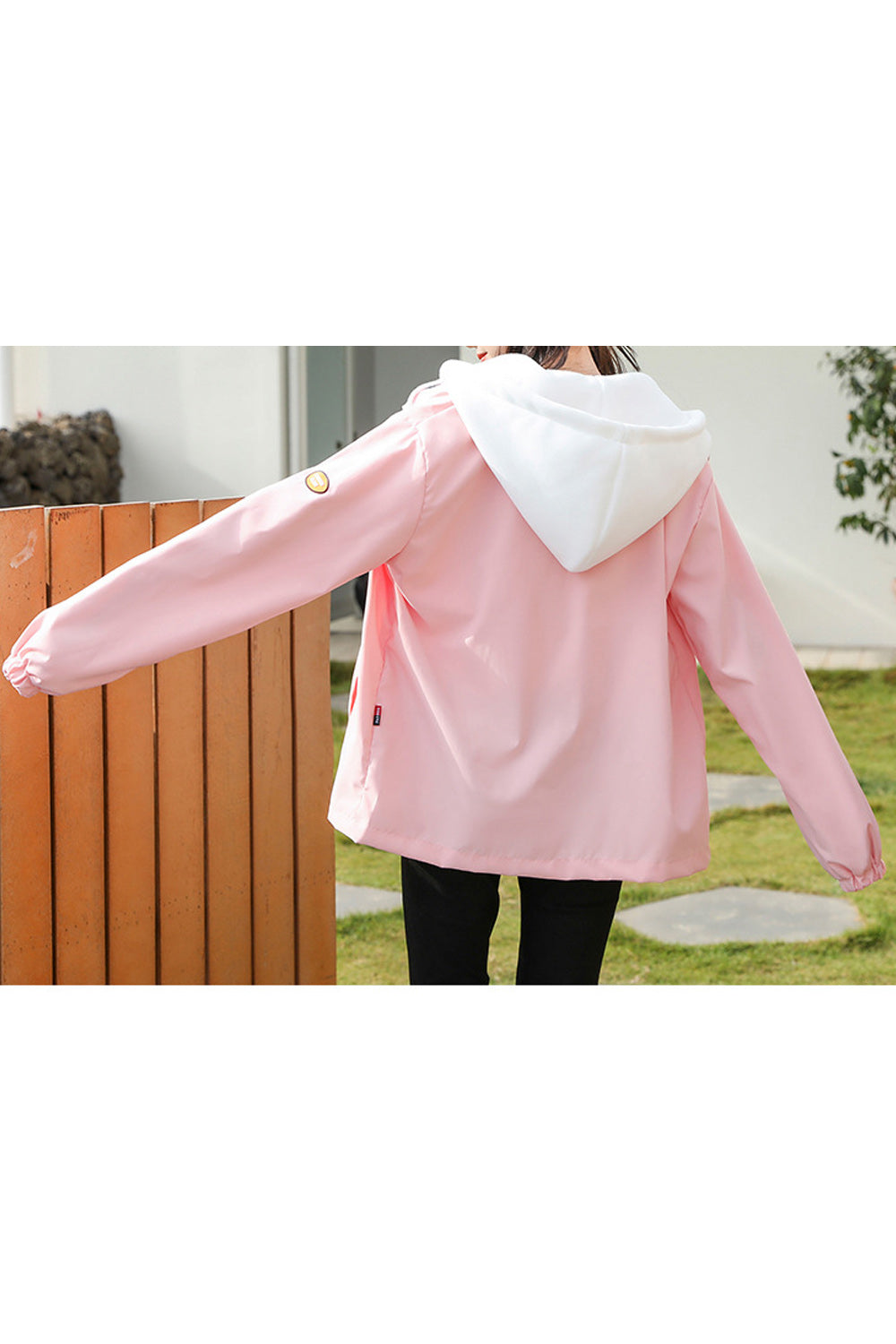 Women Contrast Color Hooded Neck Zipper Closure Casual Jacket