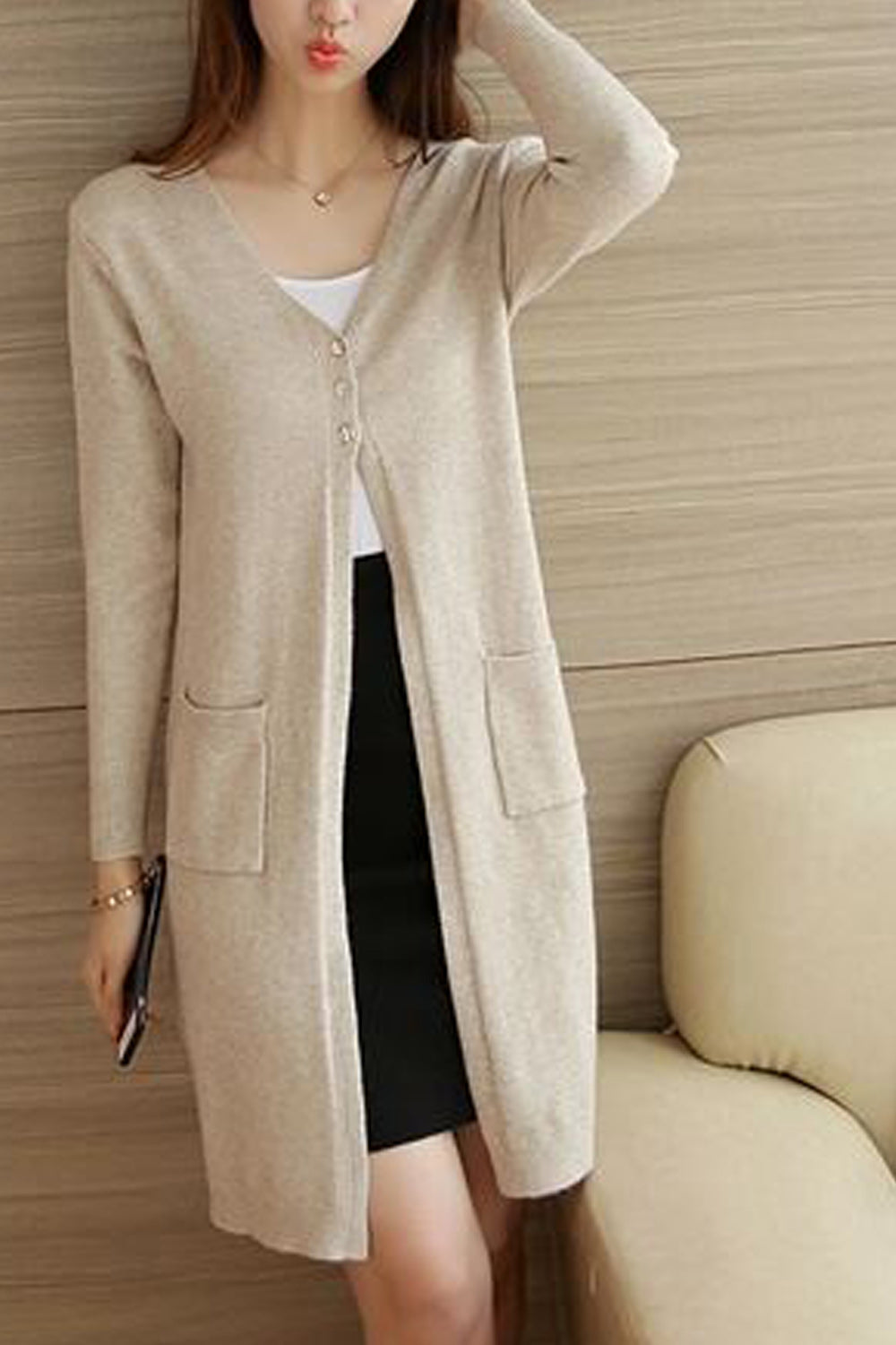 Women Mid Length Elegant Styled Solid Colored Warm Cardigan