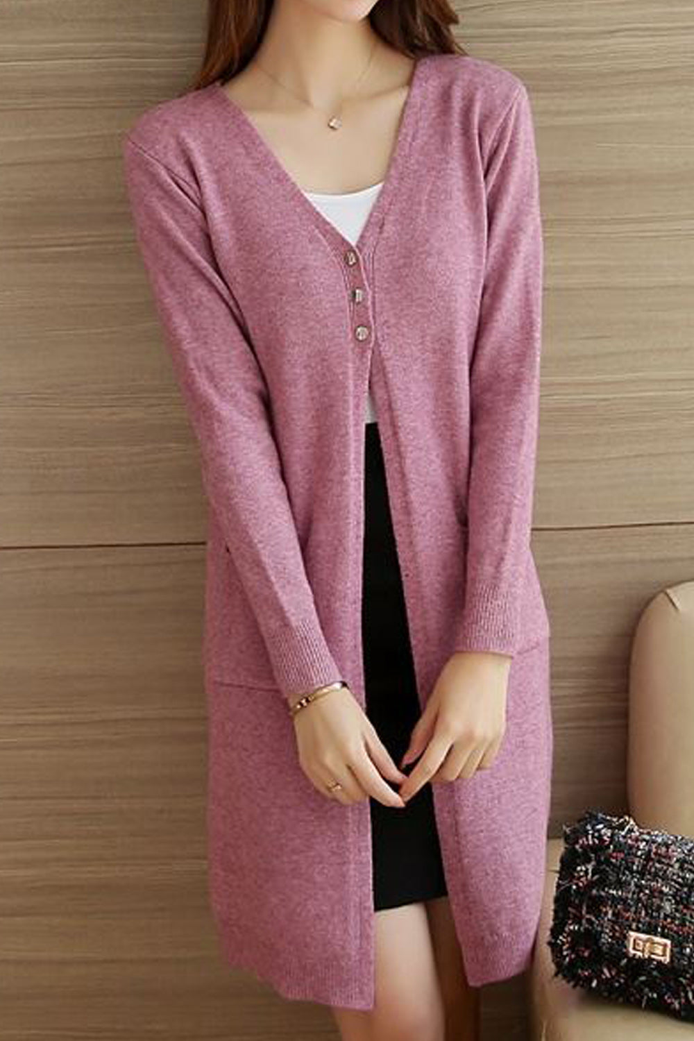 Women Mid Length Elegant Styled Solid Colored Warm Cardigan
