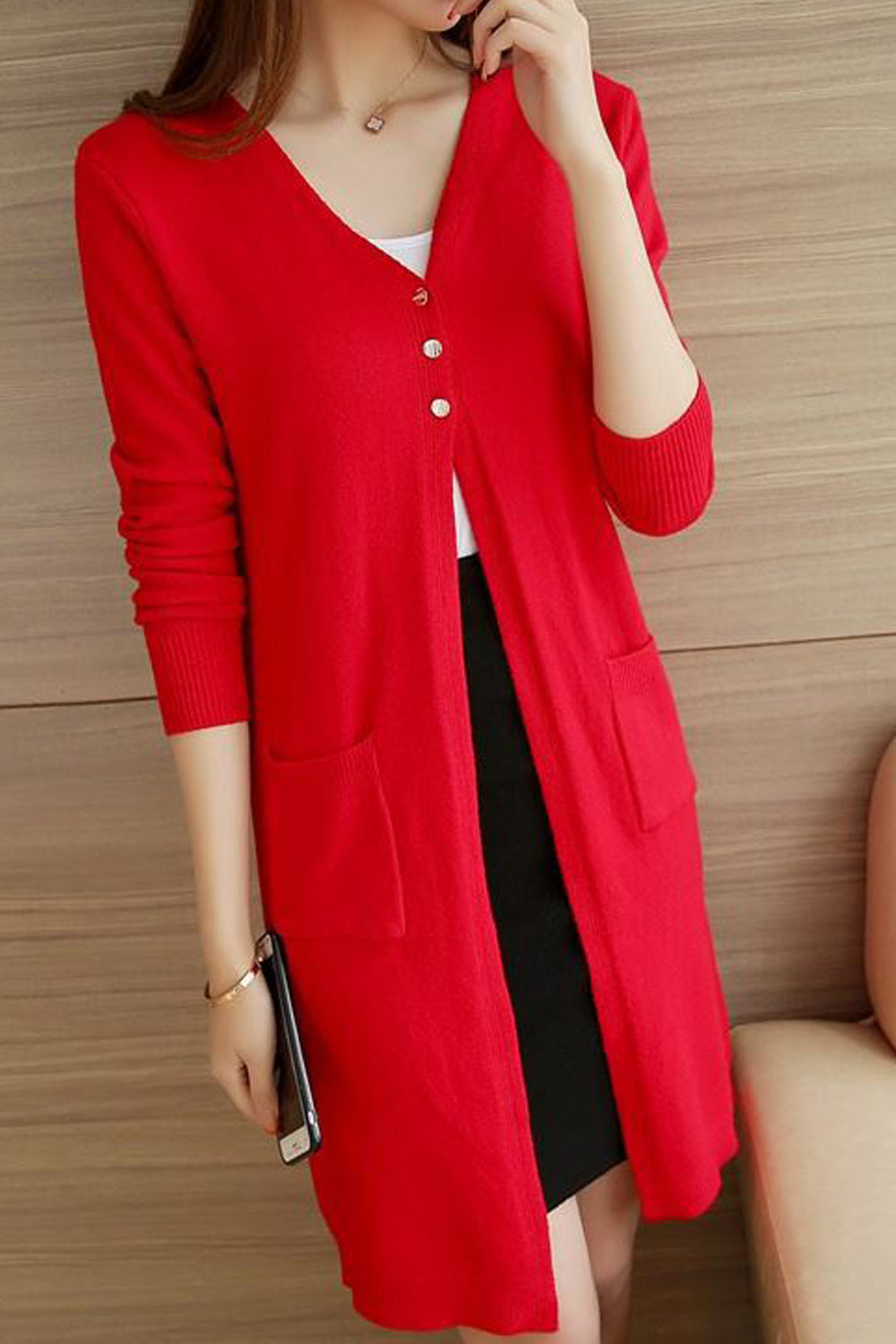 Women Mid Length Elegant Styled Solid Colored Warm Cardigan