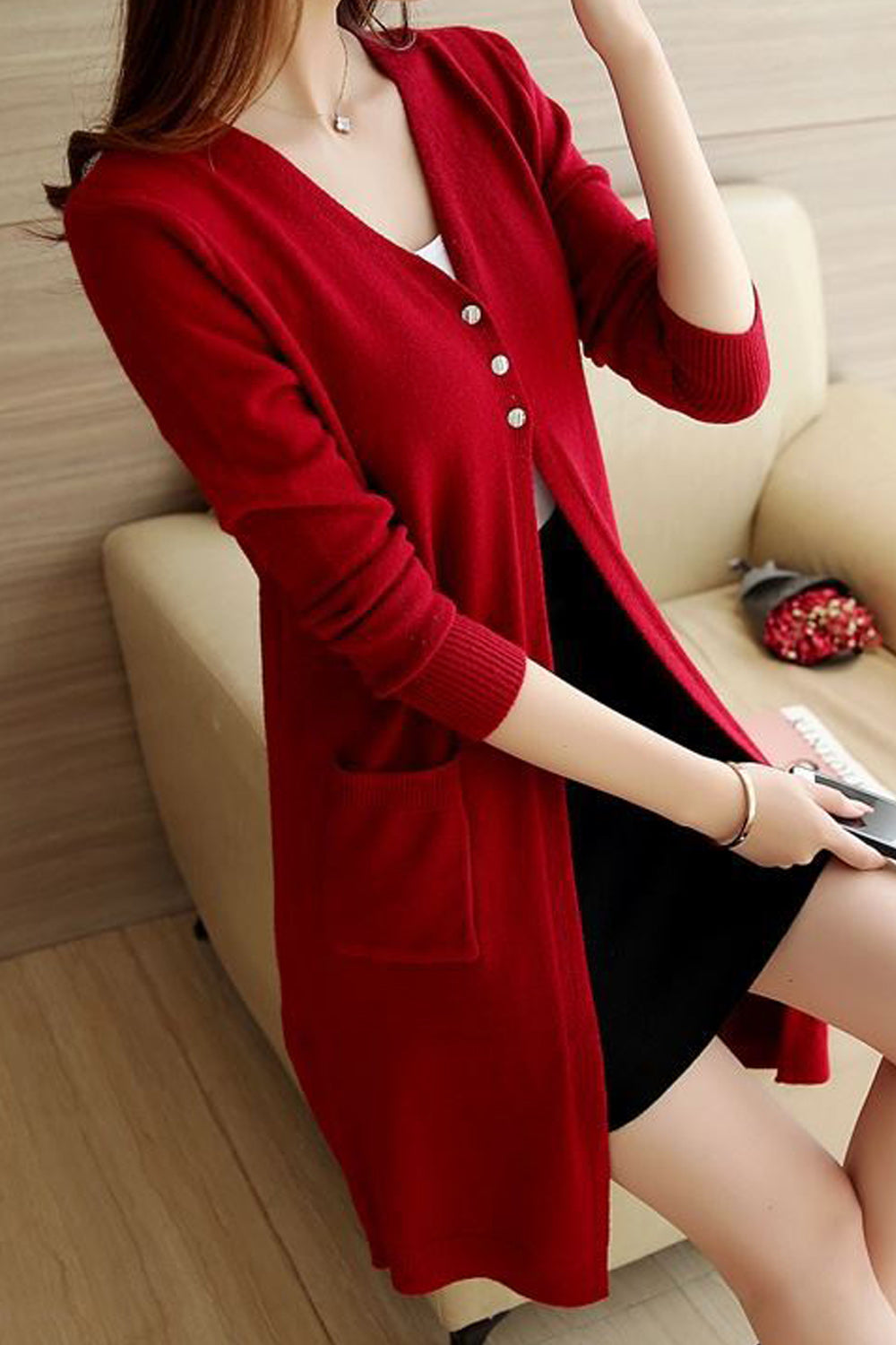 Women Mid Length Elegant Styled Solid Colored Warm Cardigan