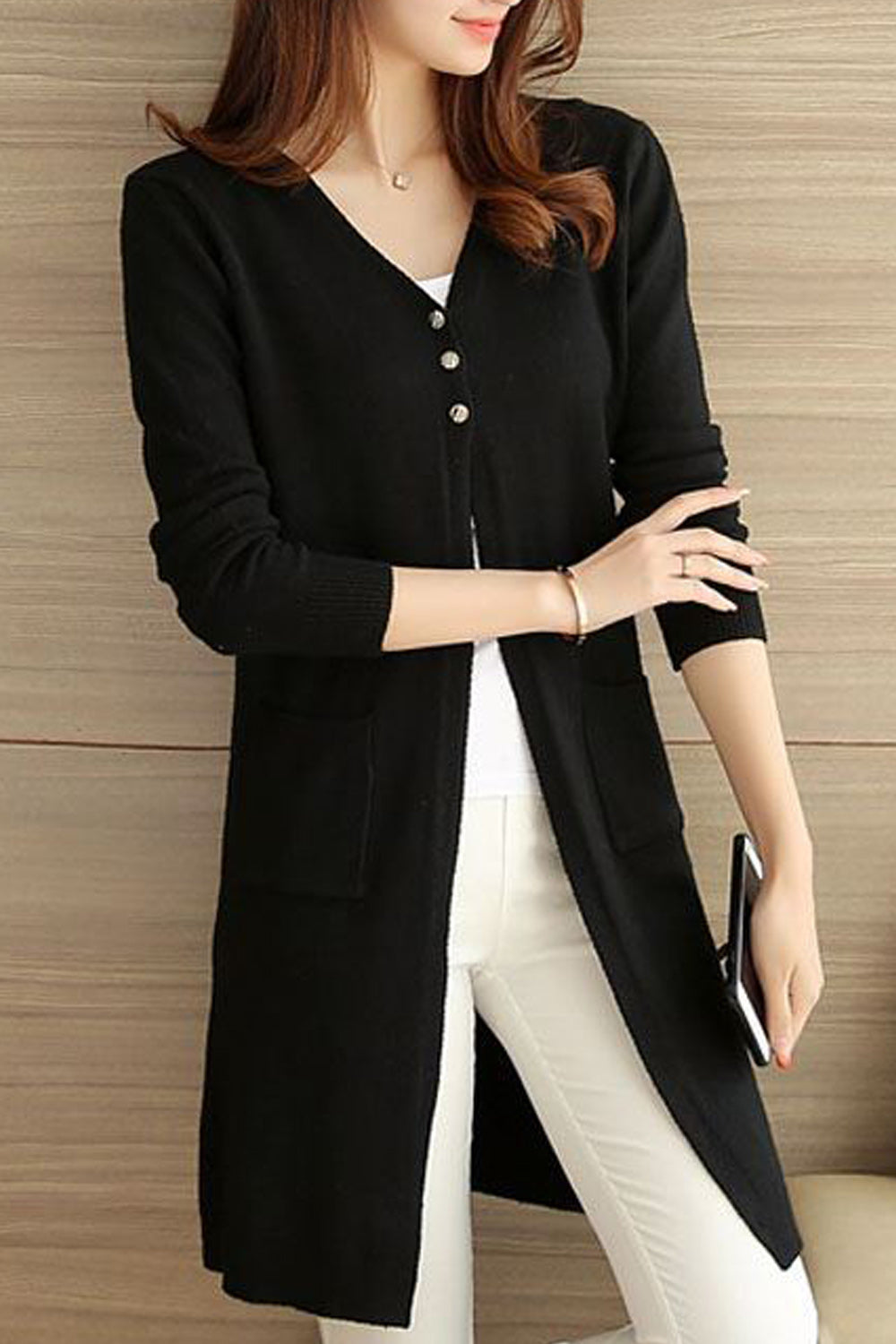 Women Mid Length Elegant Styled Solid Colored Warm Cardigan