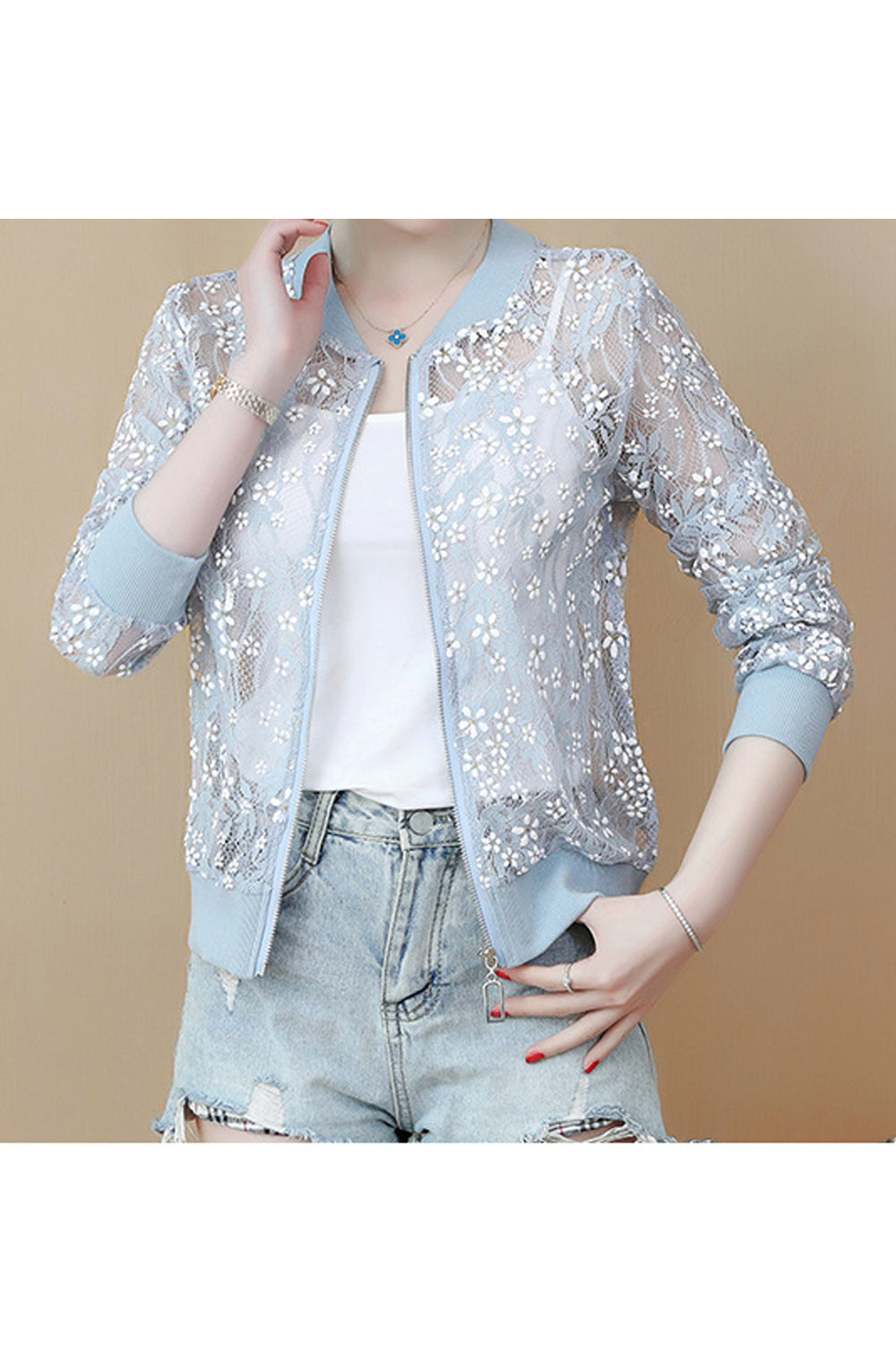 Women Floral Mesh Pattern Solid Color Winter Jacket