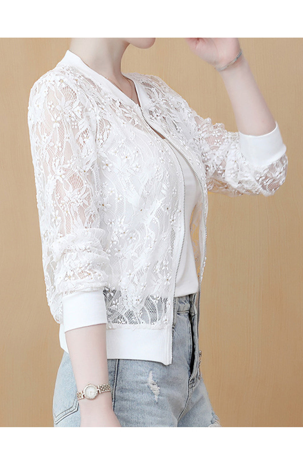 Women Floral Mesh Pattern Solid Color Winter Jacket