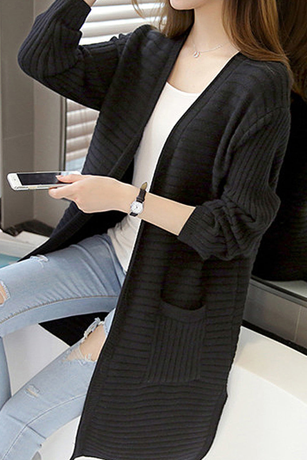Women Pocket Styling Solid Colored Cozy Long Sleeve Thick Cardigan