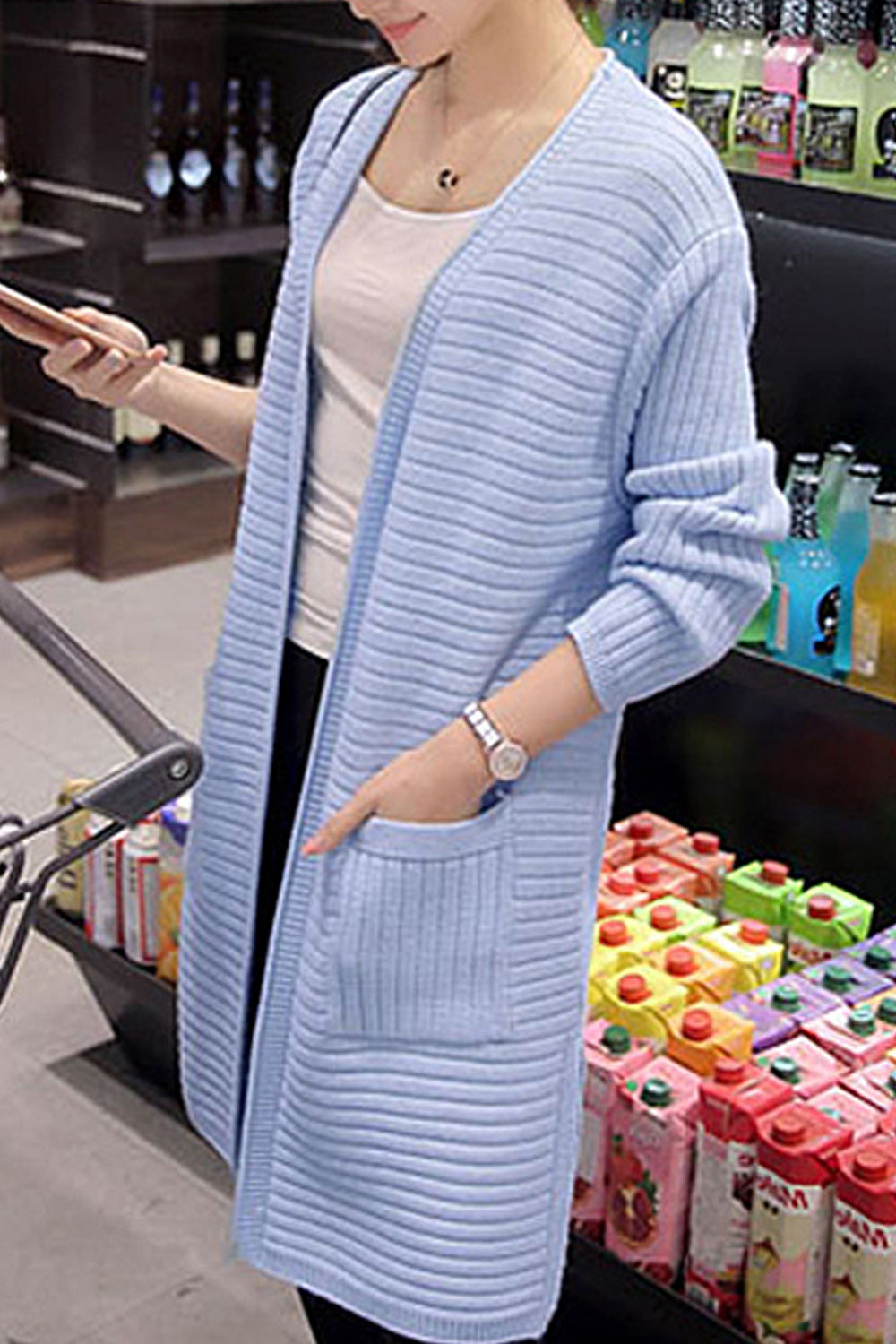 Women Pocket Styling Solid Colored Cozy Long Sleeve Thick Cardigan