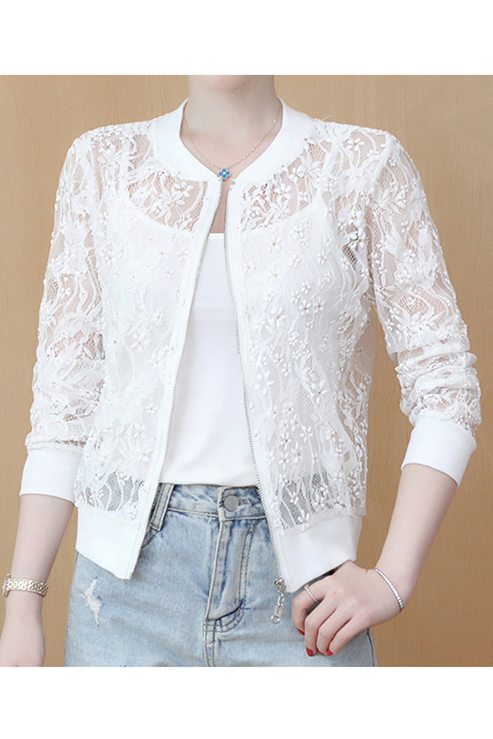 Women Floral Mesh Pattern Solid Color Winter Jacket