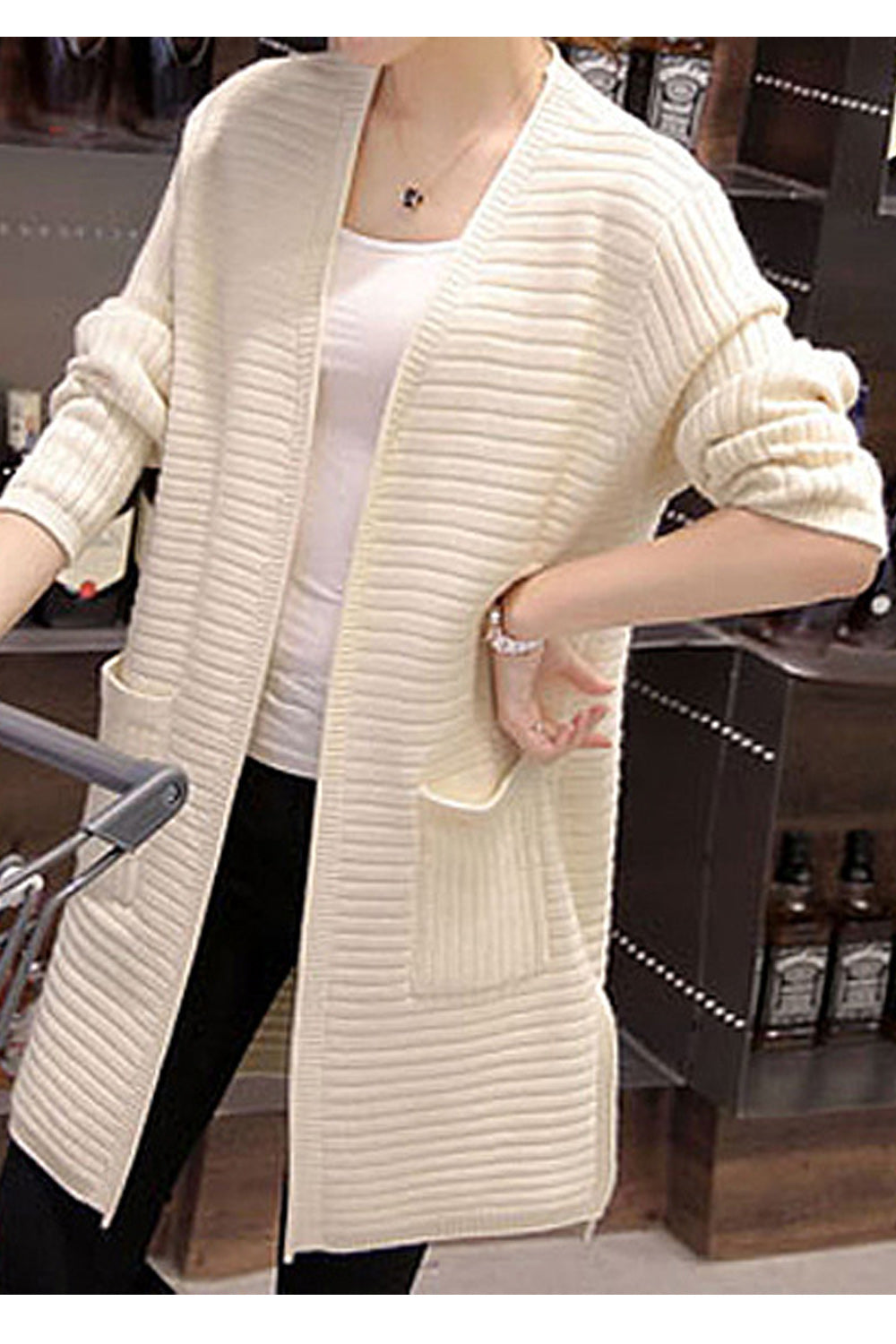 Women Pocket Styling Solid Colored Cozy Long Sleeve Thick Cardigan