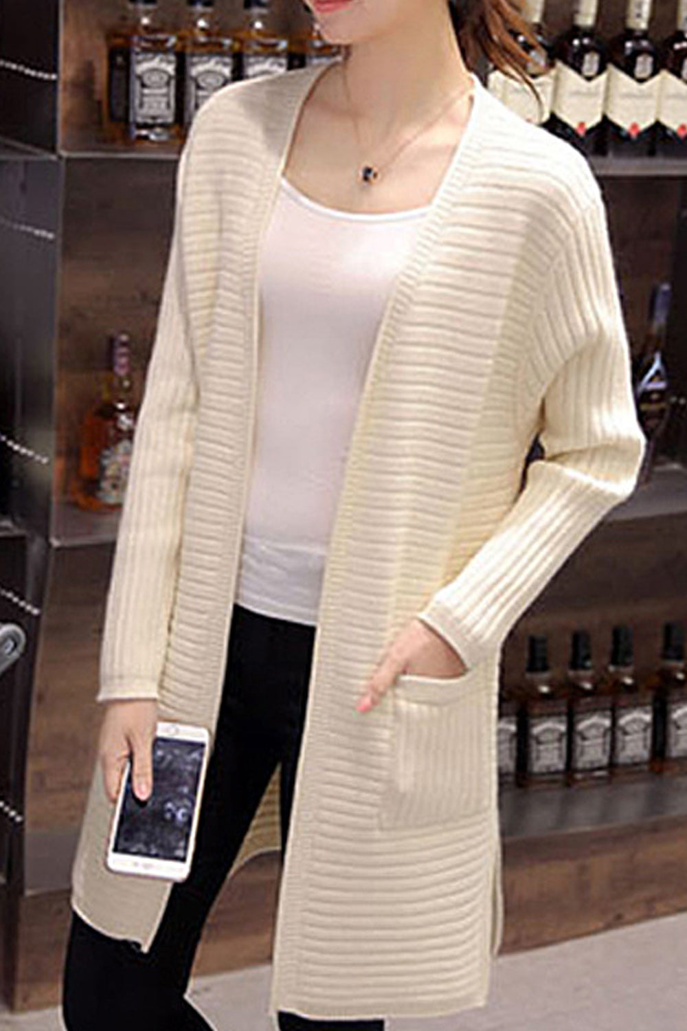 Women Pocket Styling Solid Colored Cozy Long Sleeve Thick Cardigan
