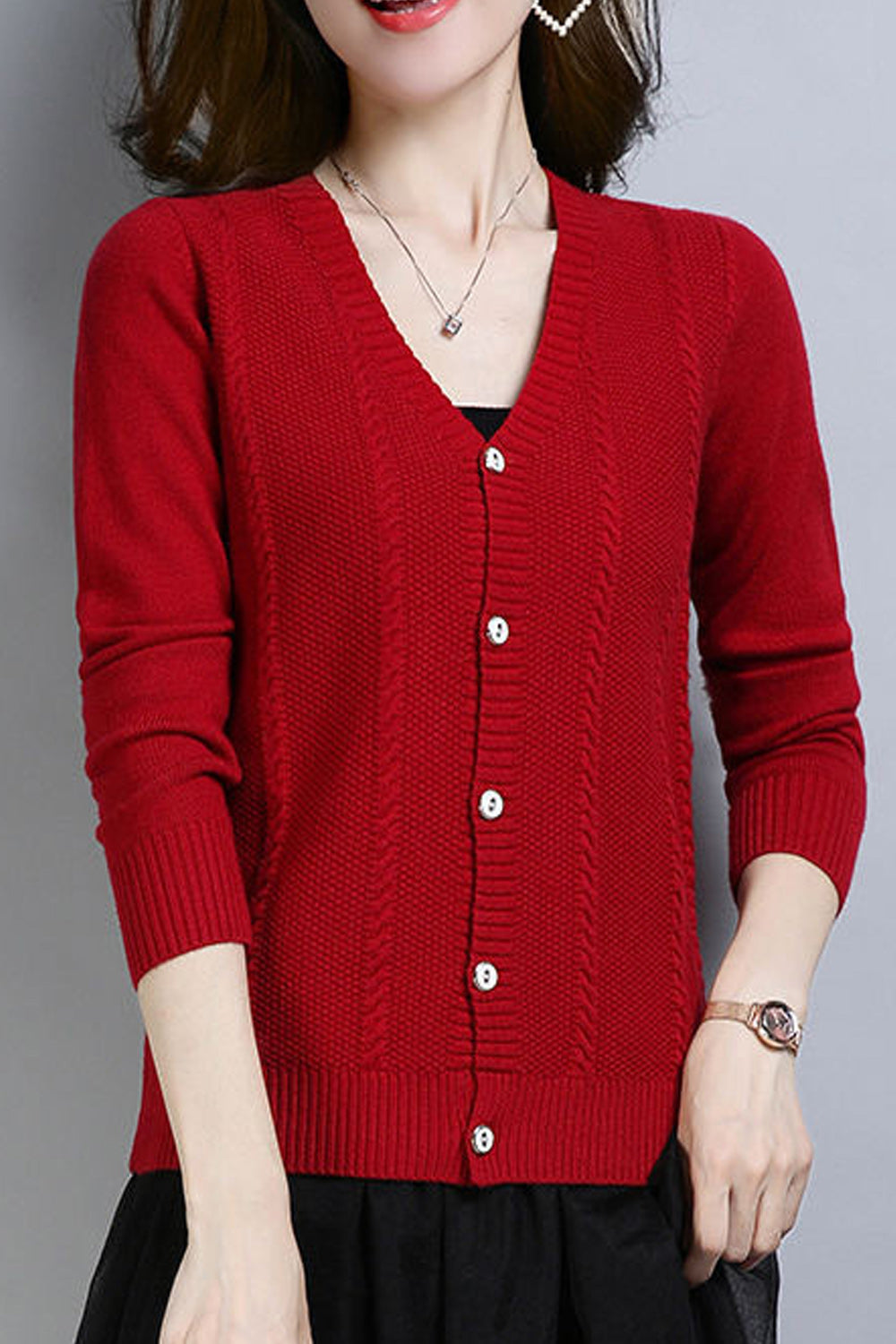 Women Trendy V-Neck Button Down Solid Pattern Warm Cardigan