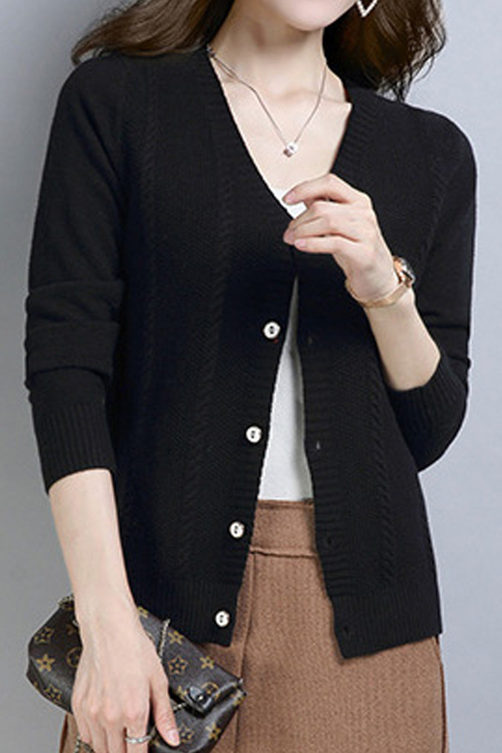 Women Trendy V-Neck Button Down Solid Pattern Warm Cardigan