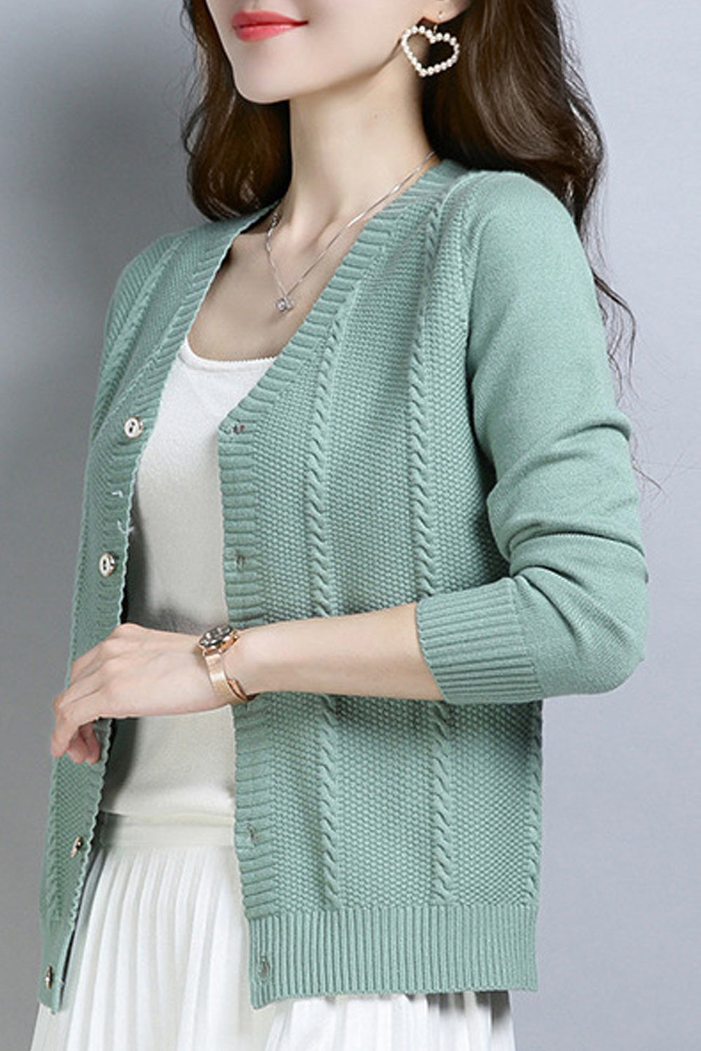 Women Trendy V-Neck Button Down Solid Pattern Warm Cardigan