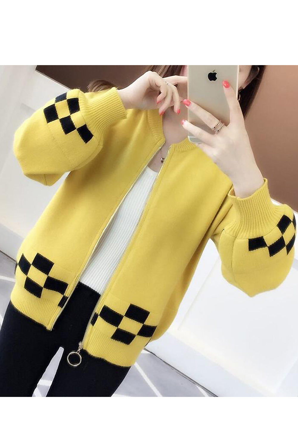 Women Convenient Zipper Closure Ribbed Cuff Long Sleeve Warm Cardigan