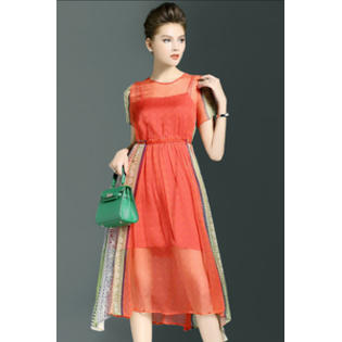 Women Fashionable Color Contrast See Through Skirt Dress
