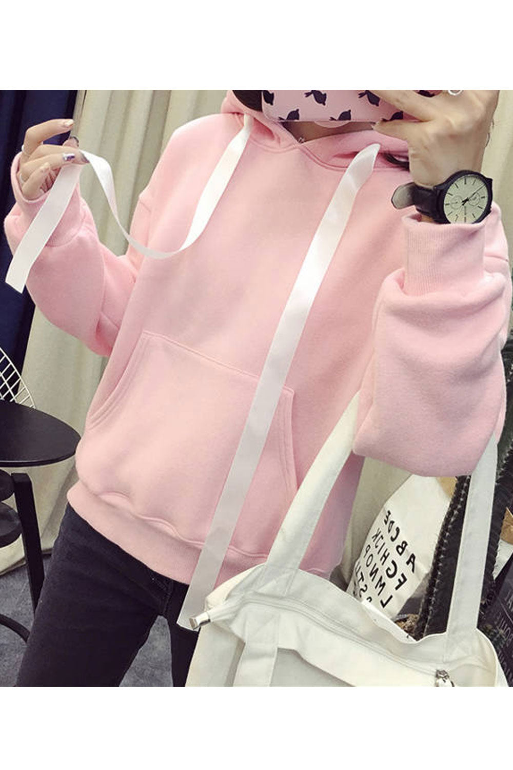 Women Cute Rabbit Pattern Solid Color Warm Hoodie