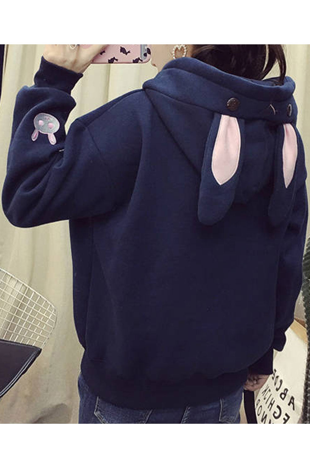 Women Cute Rabbit Pattern Solid Color Warm Hoodie