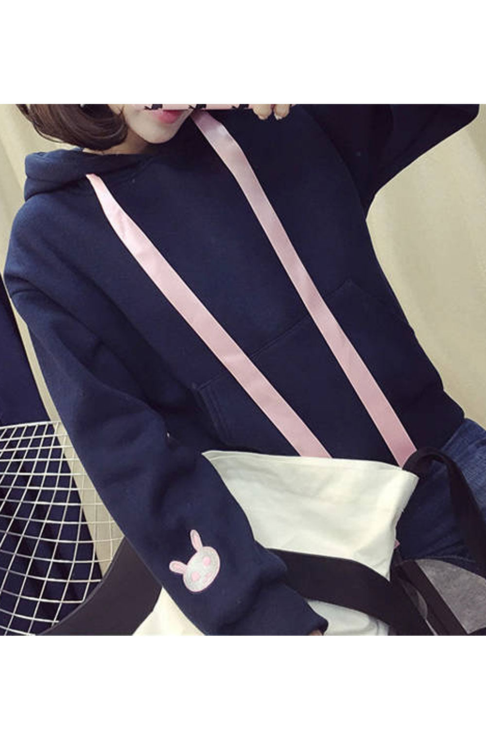 Women Cute Rabbit Pattern Solid Color Warm Hoodie