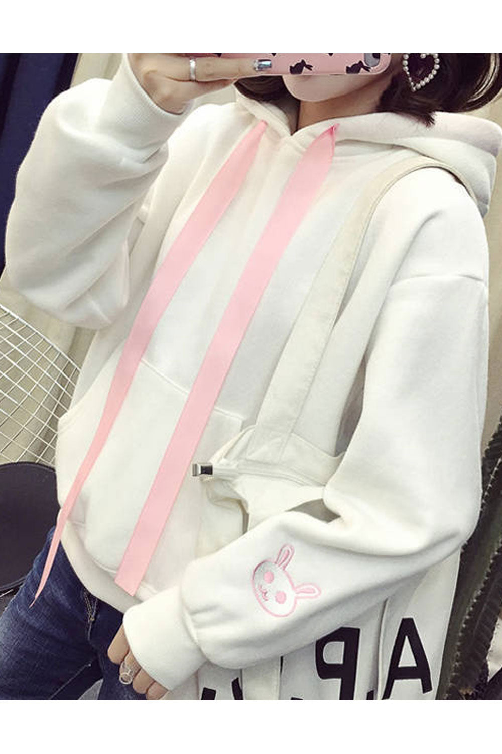 Women Cute Rabbit Pattern Solid Color Warm Hoodie
