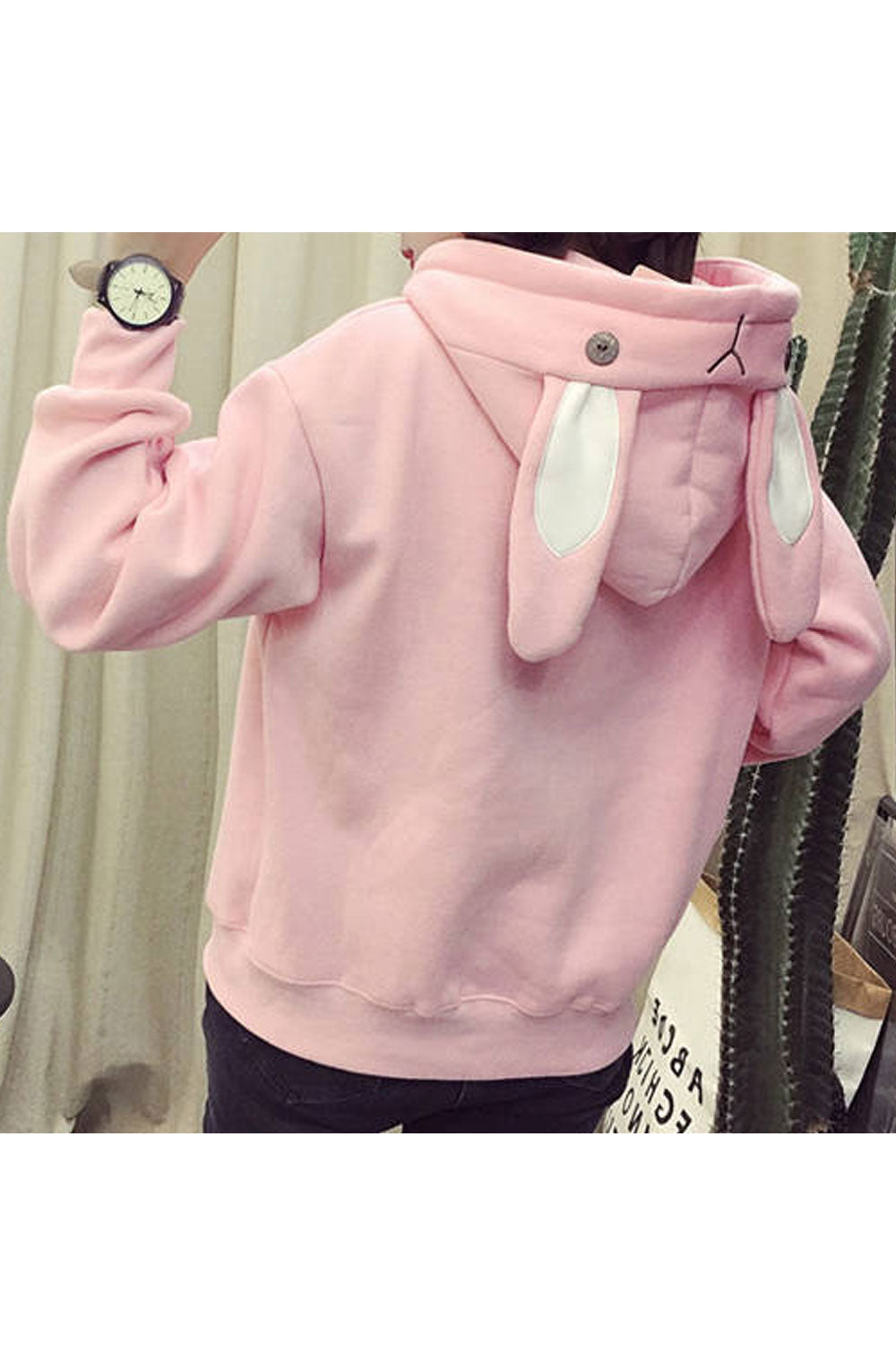 Women Cute Rabbit Pattern Solid Color Warm Hoodie