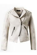 Women Pretty Solid Pattern Long Sleeve Fashionable Collar Neck Leather Jacket