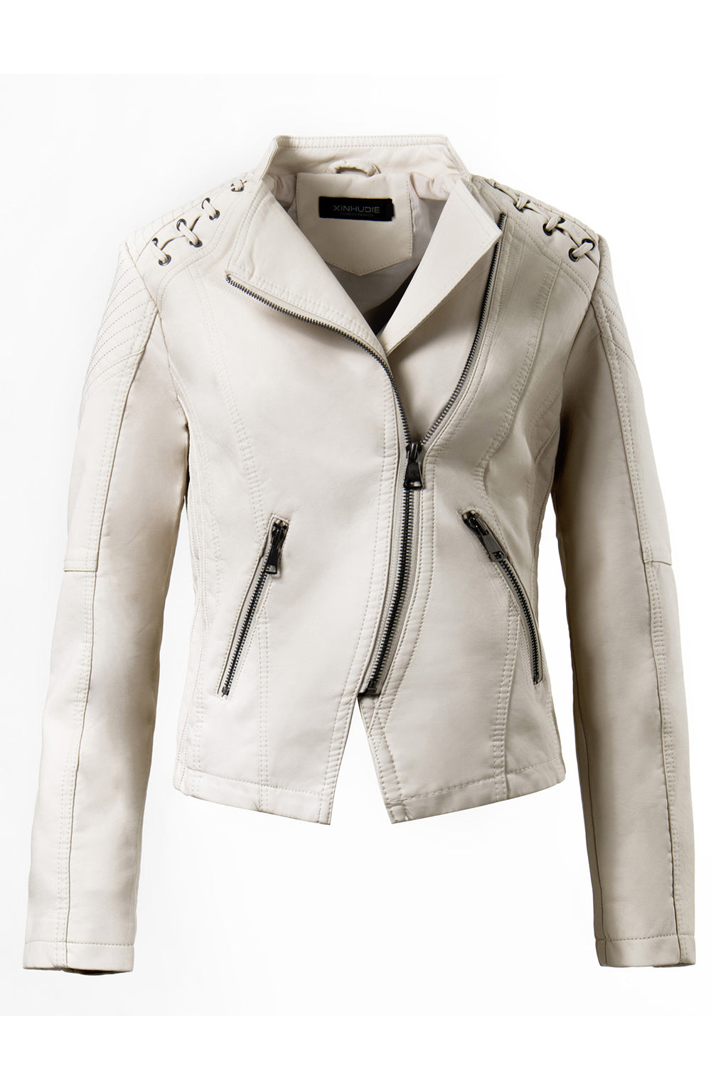Women Pretty Solid Pattern Long Sleeve Fashionable Collar Neck Leather Jacket