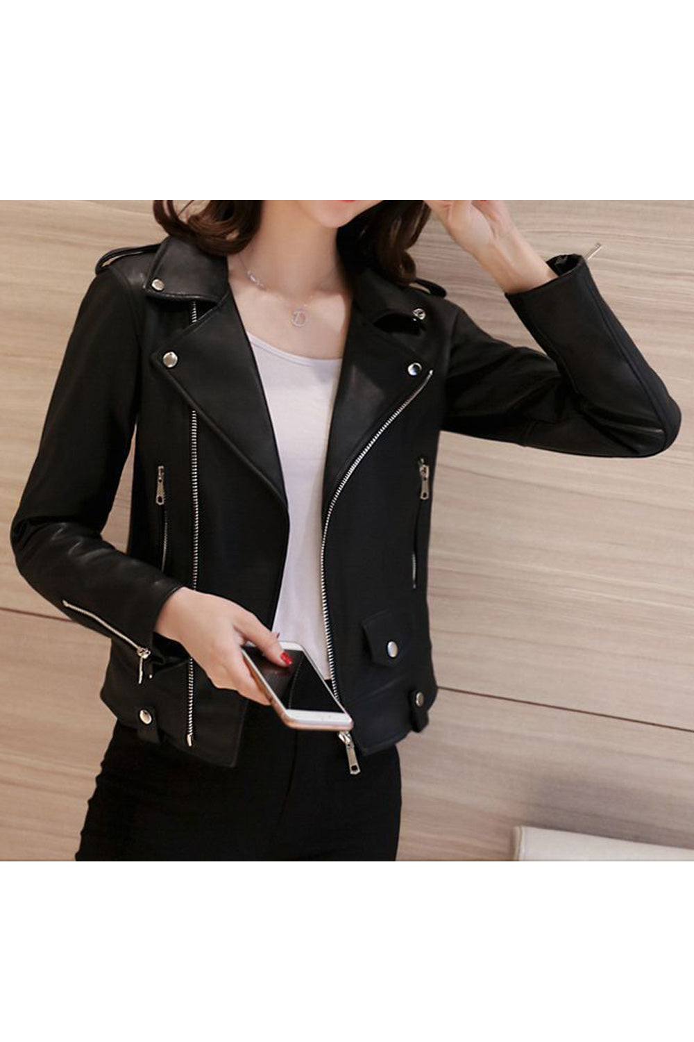 Women Fashionable Collar Neck Long Sleeve Loose Style Leather Jacket