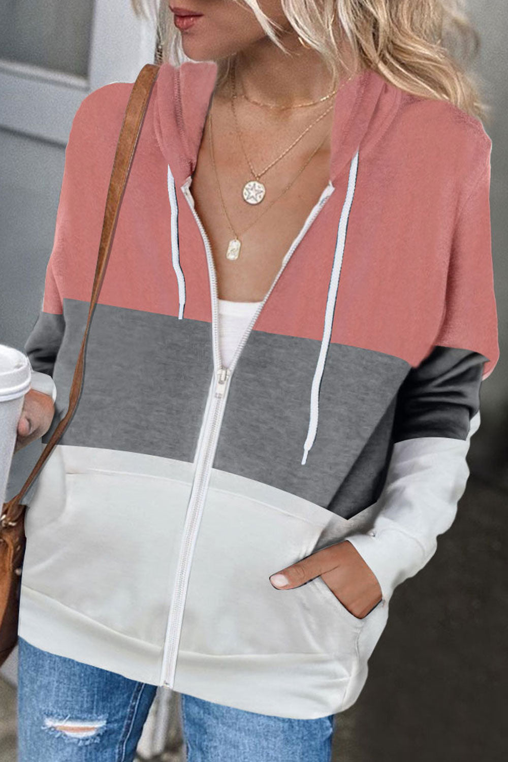 Women Admirable Contrast Color Zipper Closure warm Hoodie