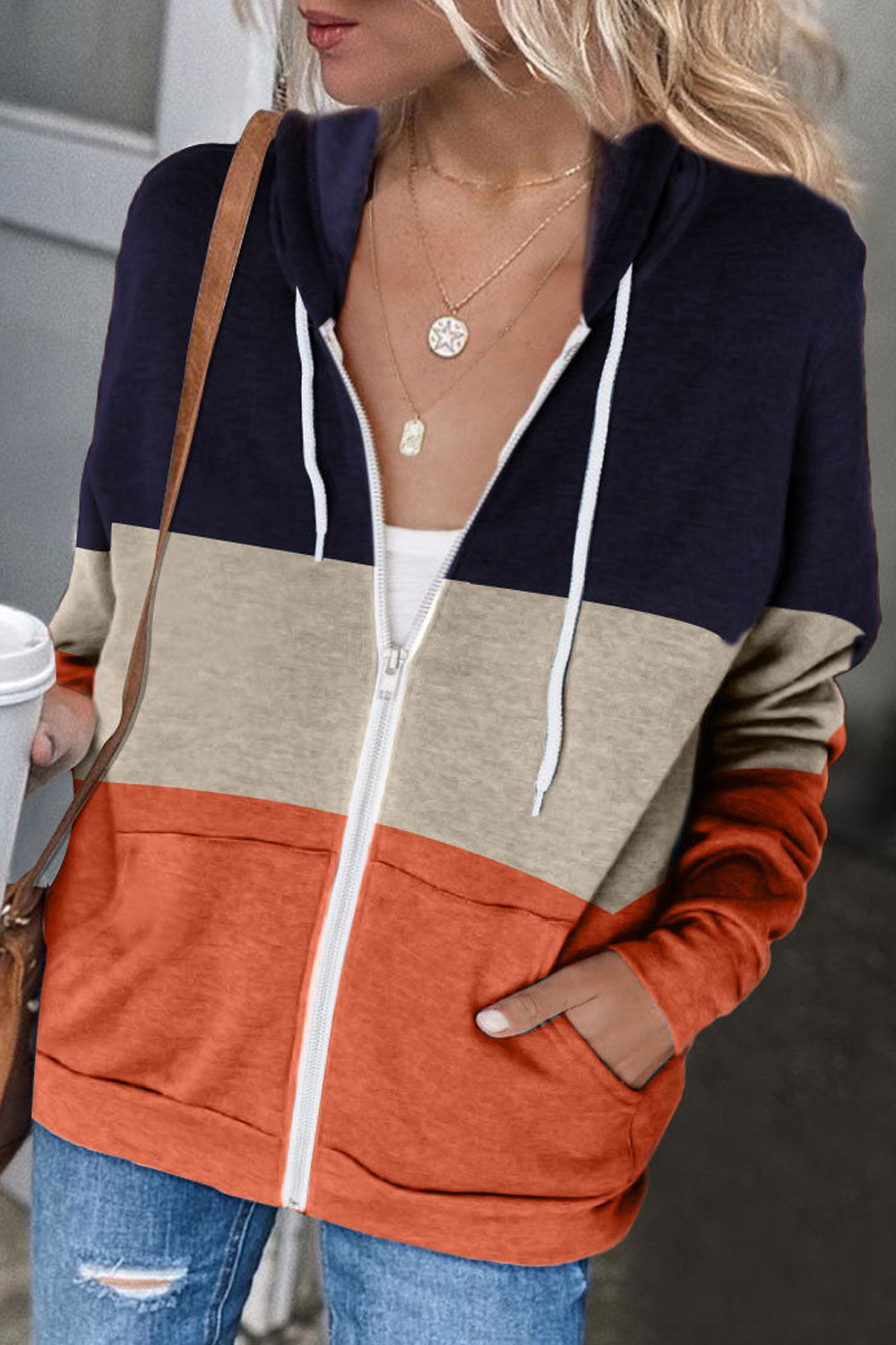 Women Admirable Contrast Color Zipper Closure warm Hoodie