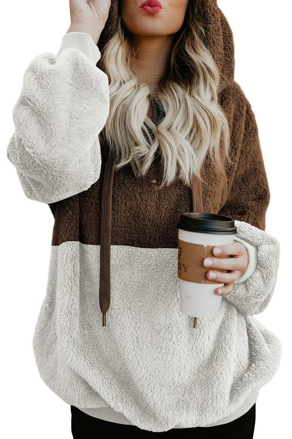 Women Contrast Color Hooded Neck Long Sleeve Hoodie