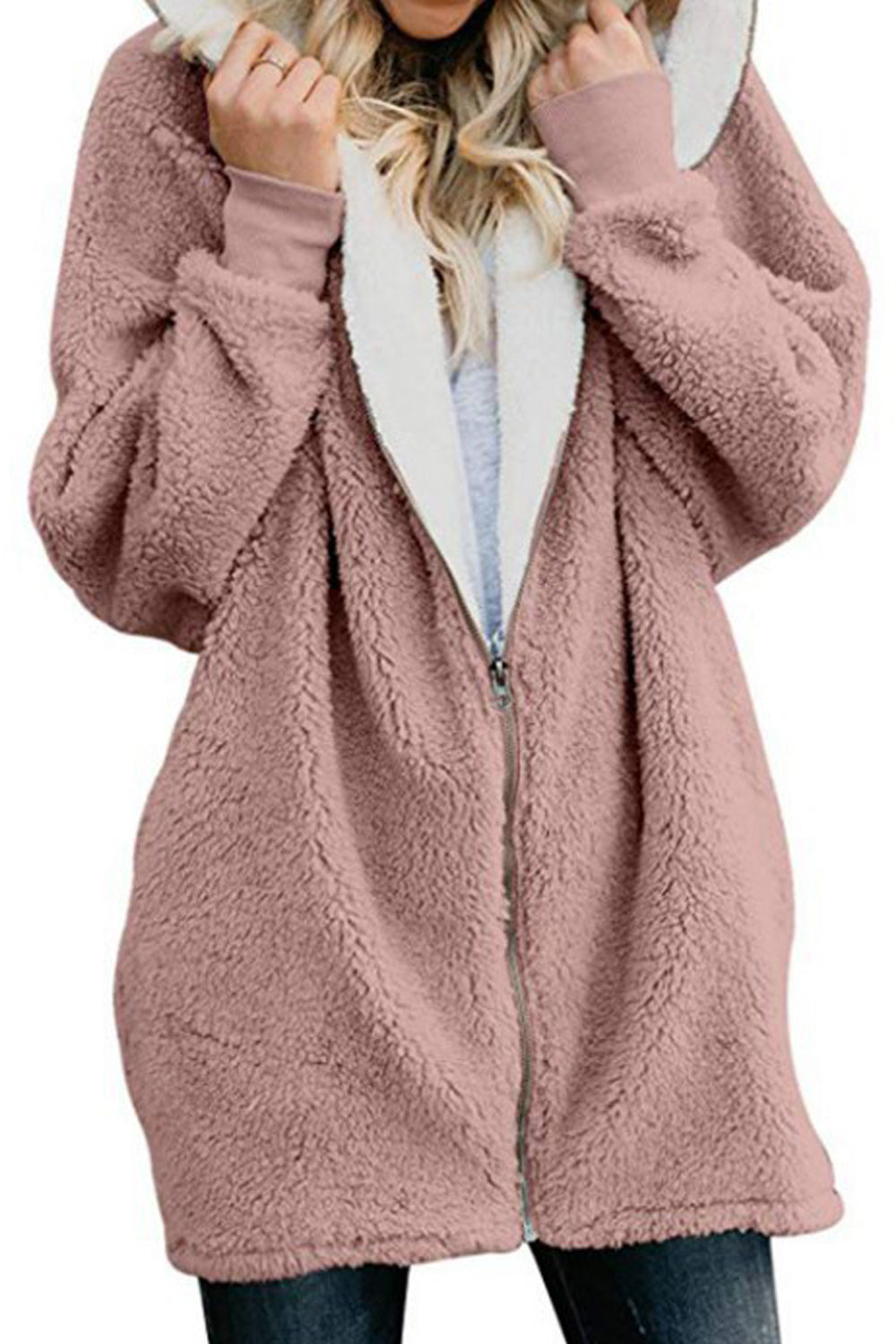 Women Cute Solid Color Loose Fit Zipper Closure Hoodie