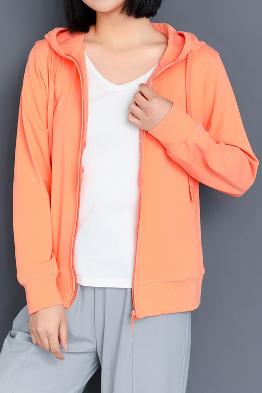 Women Simple Zipper Closure Hooded Neck Hoodie