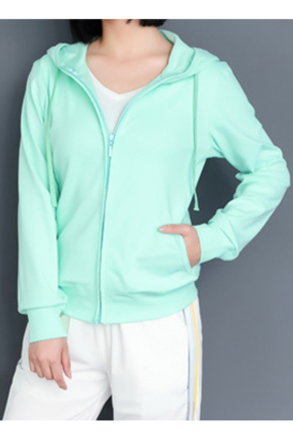 Women Simple Zipper Closure Hooded Neck Hoodie