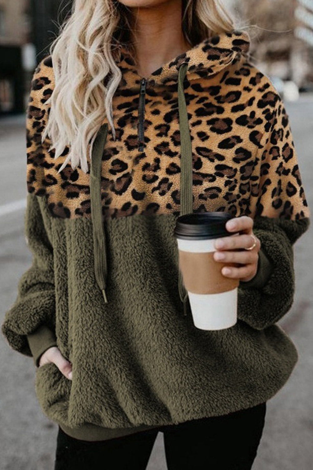 Women Leopard Printed Hem Long Sleeve Warm Hoodie