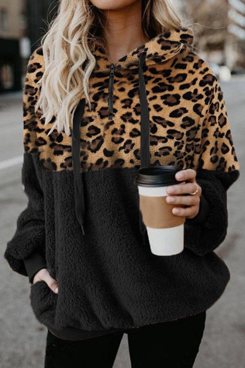 Women Leopard Printed Hem Long Sleeve Warm Hoodie