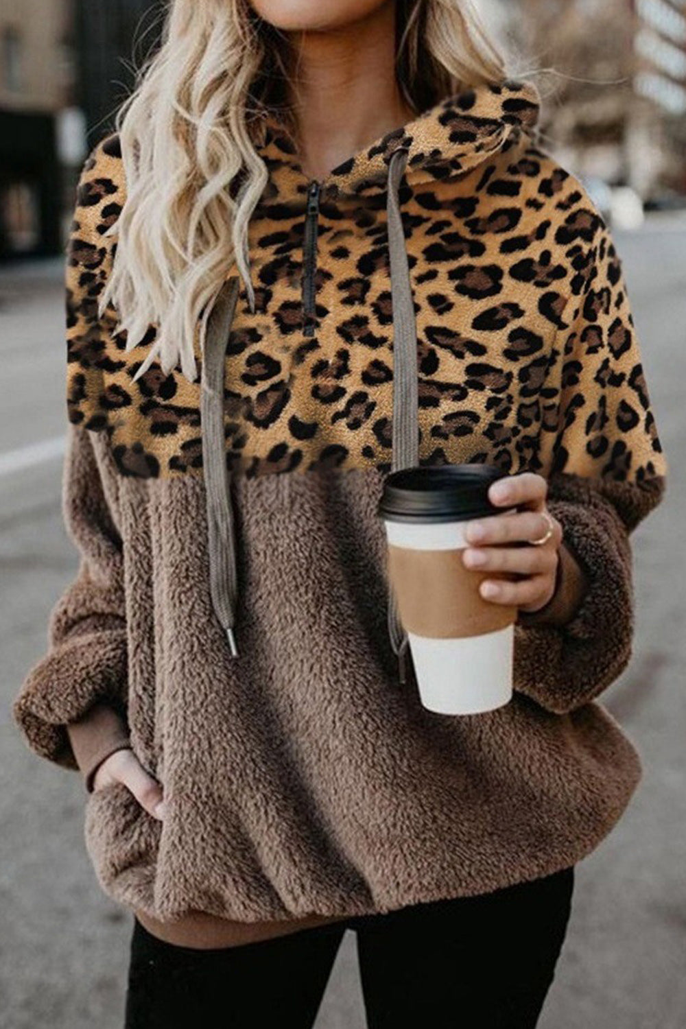 Women Leopard Printed Hem Long Sleeve Warm Hoodie