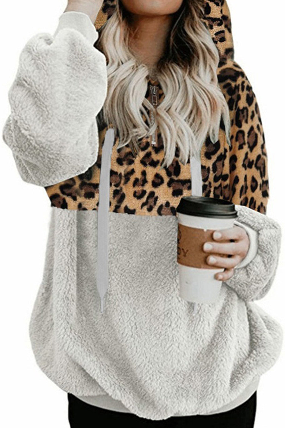 Women Leopard Printed Hem Long Sleeve Warm Hoodie