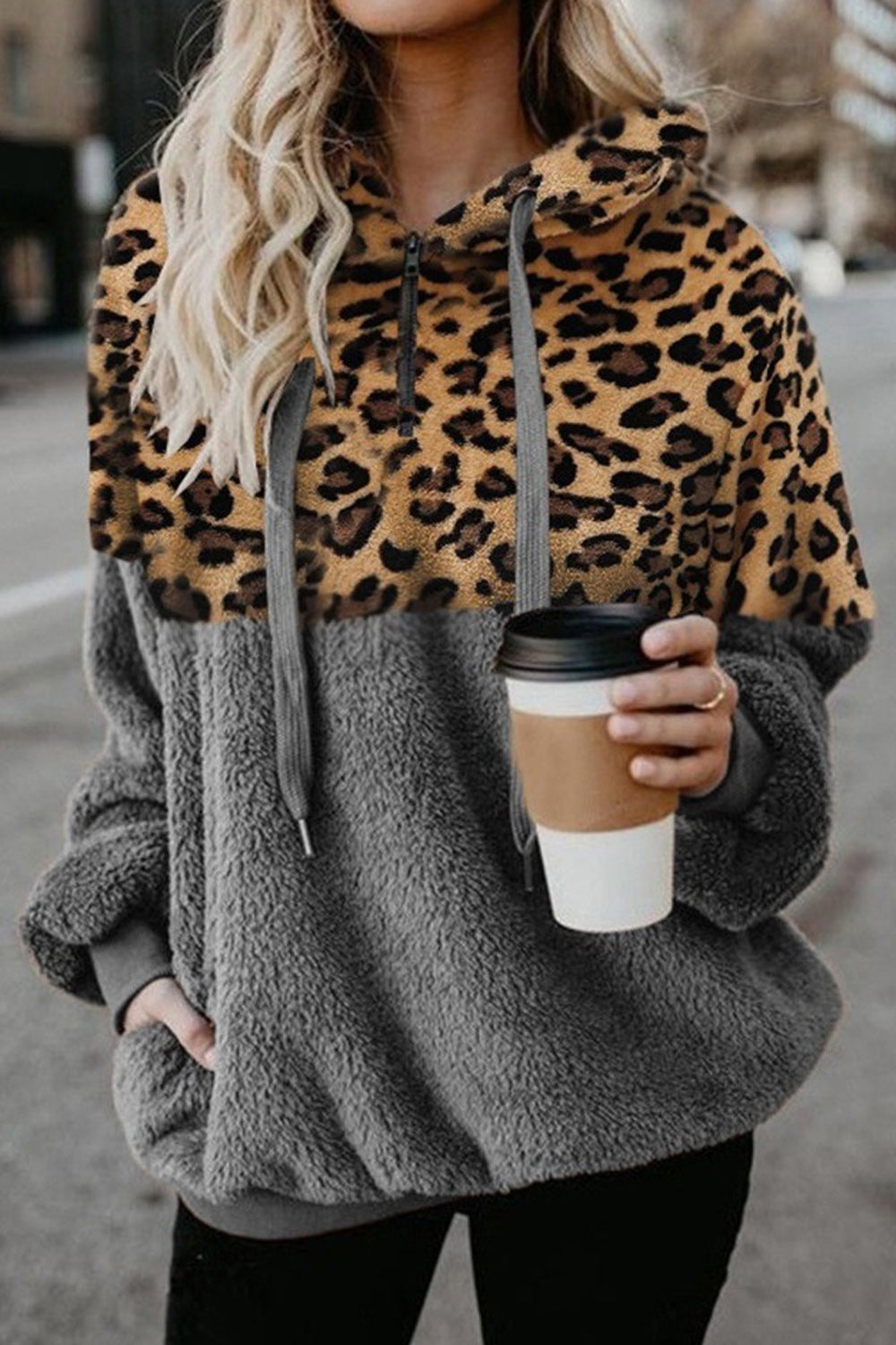 Women Leopard Printed Hem Long Sleeve Warm Hoodie