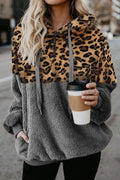 Women Leopard Printed Hem Long Sleeve Warm Hoodie