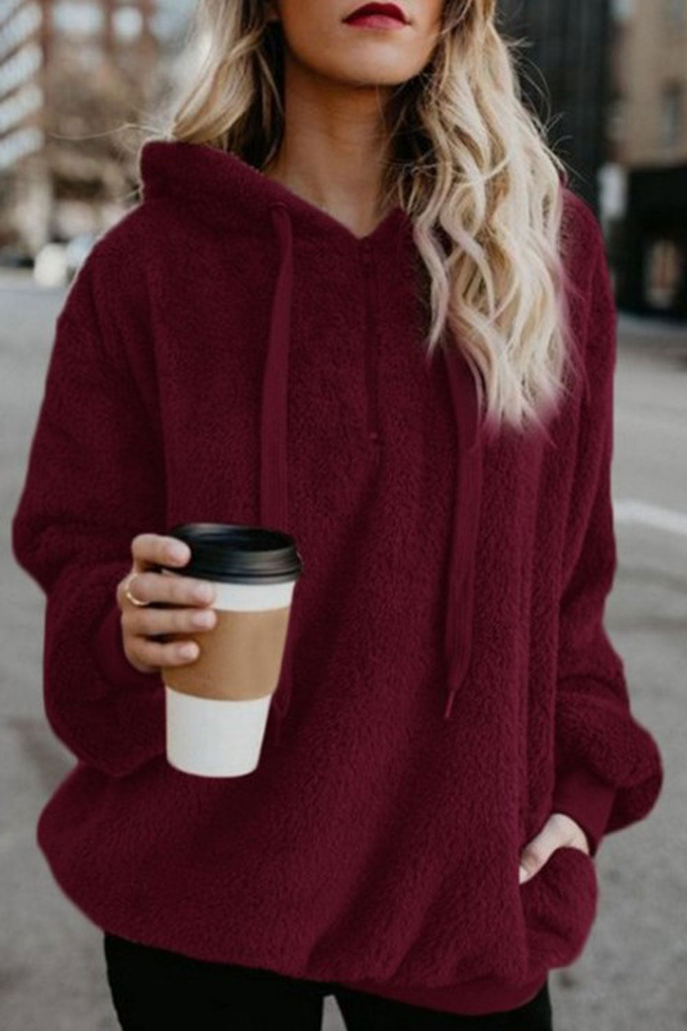 Women Zipper Closure Hooded Neck Solid Color Beautiful Warm Hoodie