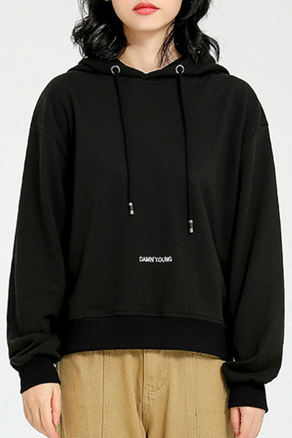 Women Solid Color Decent Hooded Neck Warm Hoodie