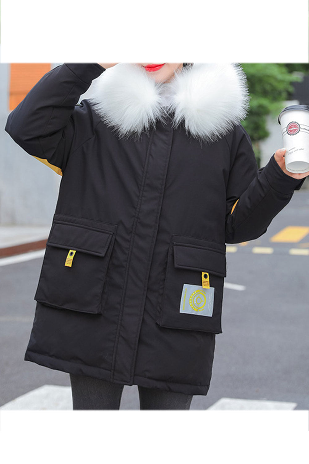 Women Loose Fit Zip Up Hooded Fur Padded Jacket