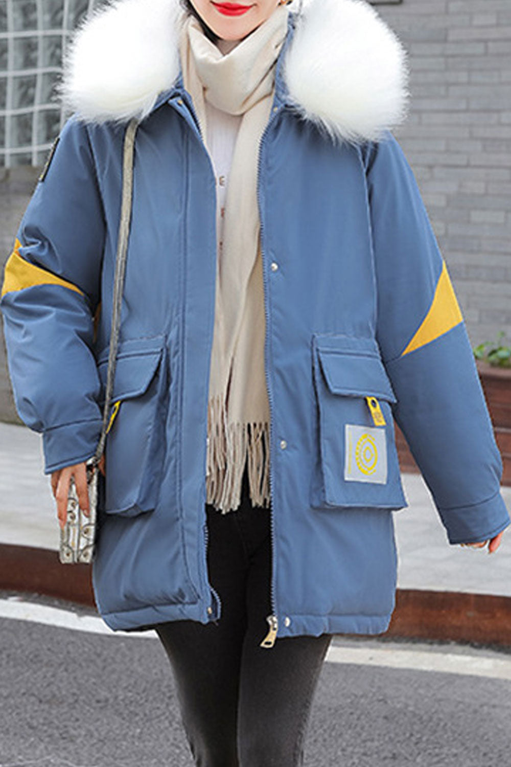 Women Loose Fit Zip Up Hooded Fur Padded Jacket