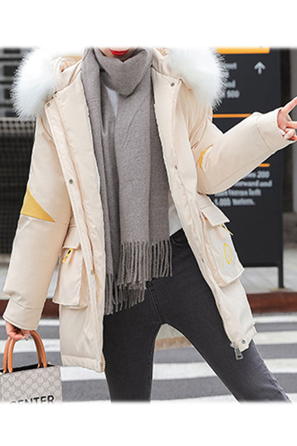 Women Loose Fit Zip Up Hooded Fur Padded Jacket