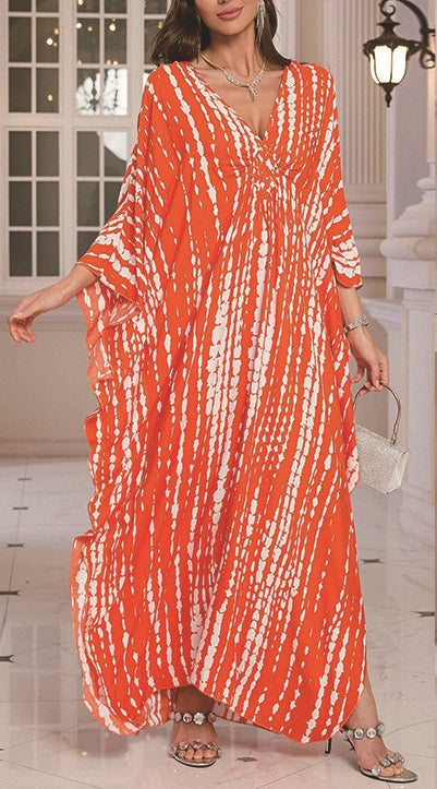 Women Fashionable Printed Style Summer Long Length Short Sleeve Soft Dress